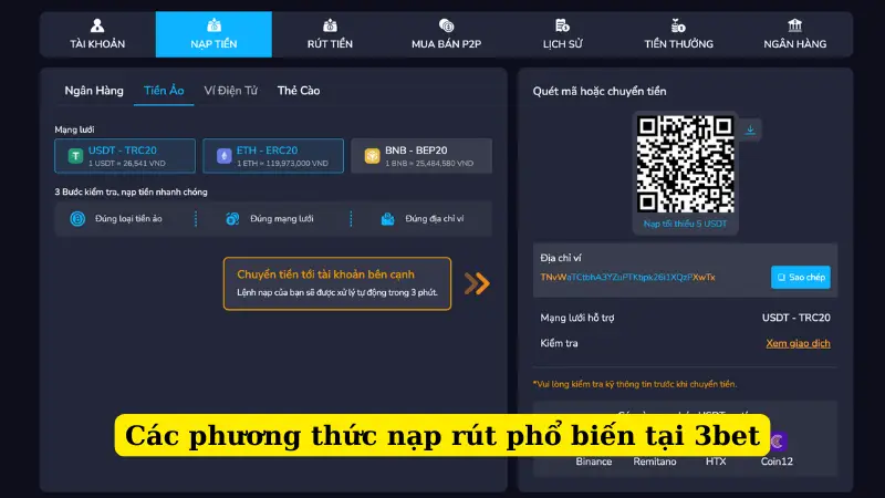 Các phương thức nạp rút phổ biến tại 3bet